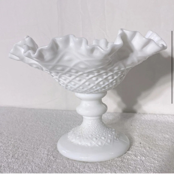 Vintage Fenton Milk Glass Hobnail Ruffle Edge Pedestal Compote Candle Holder - Picture 4 of 15